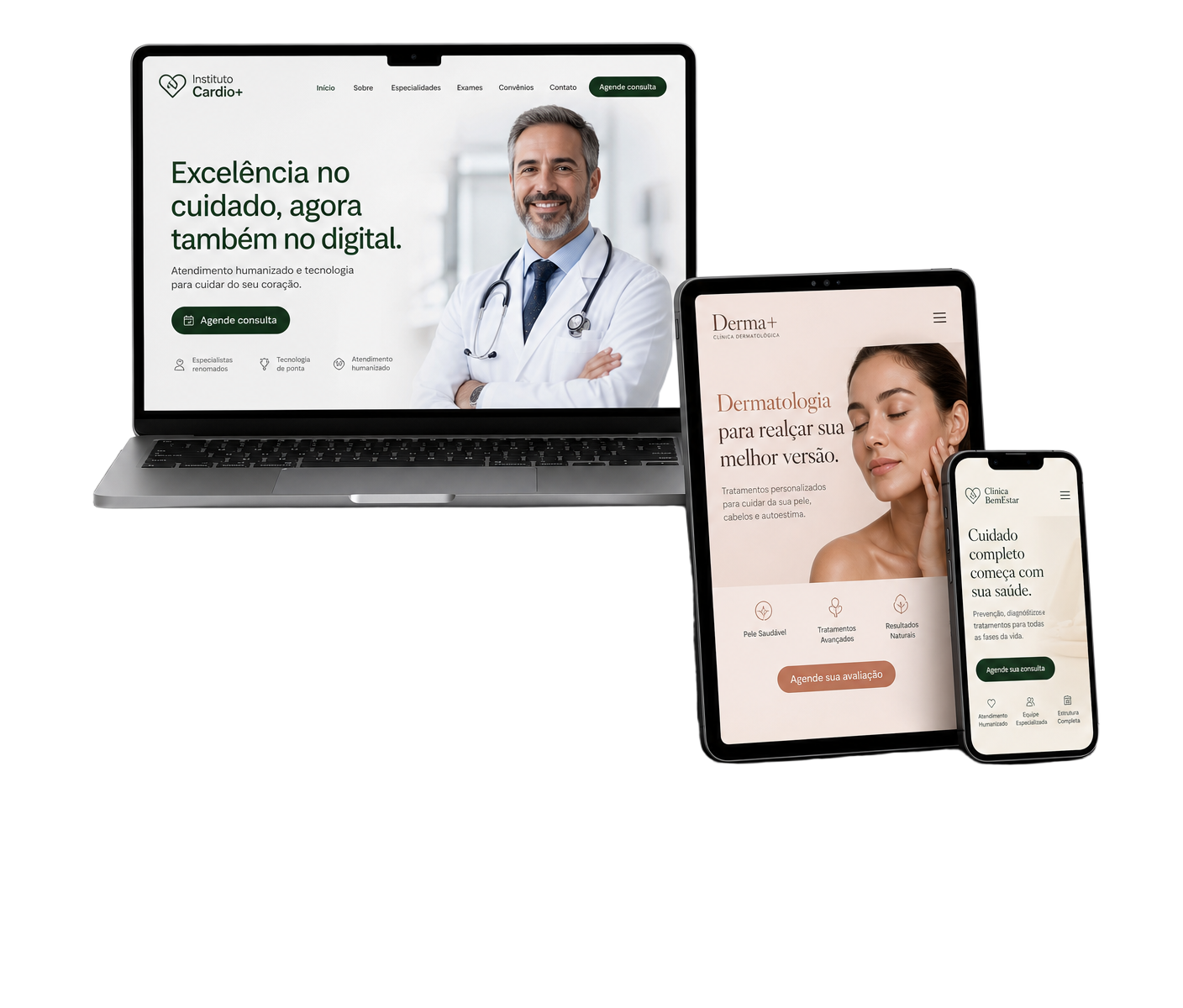 Site médico exibido em notebook, tablet e celular